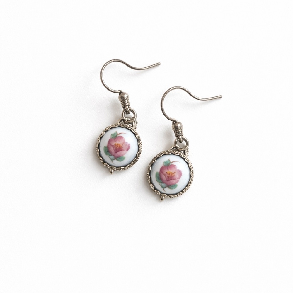 Vintage Floral Porcelain Drop Earrings | Silver Tone | Romantic Cottagecore - Picture 2 of 2